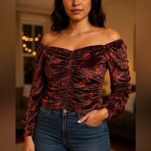 Free People Sweet Memories Velvet Top Large Floral Ruched Off Shoulder Blouse